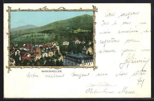 AK Badenweiler, Blick auf den Ort mit Bergen im Hintergrund
