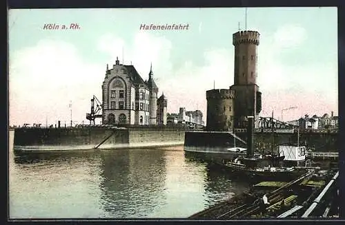 AK Köln a. Rh., Hafeneinfahrt mit Schiffen