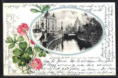 AK Leipzig, Blick auf das Reichsgericht vom Fluss aus, Passepartout mit vierblätterigem Klee