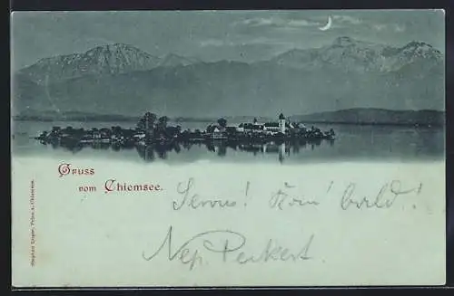 Mondschein-AK Chiemsee, Ortsansicht mit Bergen im Hintergrund