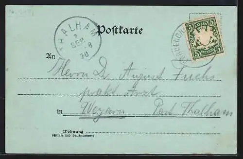 Mondschein-AK Chiemsee, Ortsansicht mit Bergen im Hintergrund
