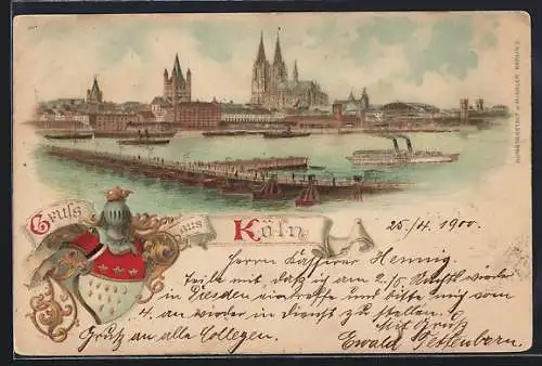 Lithographie Köln, Stadtansicht mit Dampfschiffen, Bootsanlegestelle und Kölner Dom