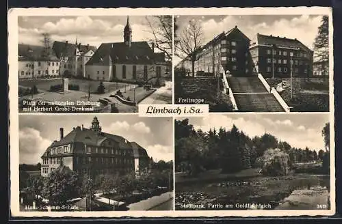 AK Limbach / Sa., Freitreppe, Goldfischteich im Stadtpark, Platz mit Denkmal