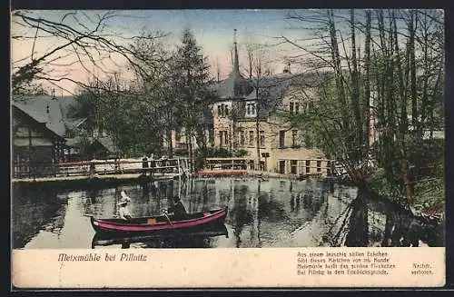 AK Dresden-Pillnitz, Flusspartie mit Ruderboot und Passanten