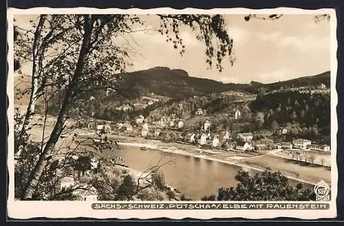 Foto-AK Walter Hahn, Dresden, Nr. 8557: Pötscha a. Elbe, Ortsansicht mit Rauenstein