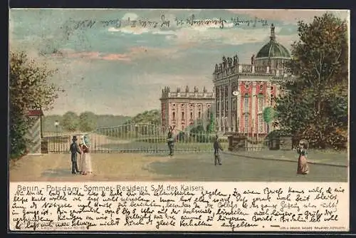 Lithographie Potsdam, Sommerresidenz S.M. des Kaisers, Spaziergänger