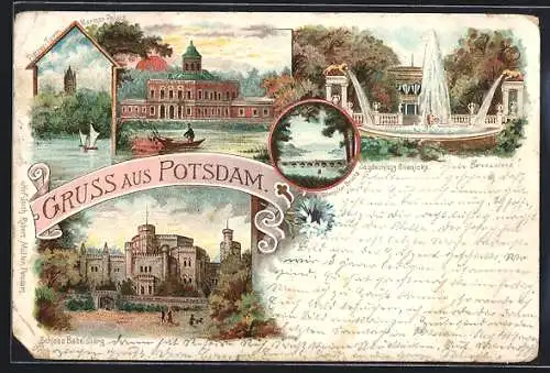 Lithographie Potsdam, Flatow-Turm und Jagdschloss Glienicke mit Springbrunnen