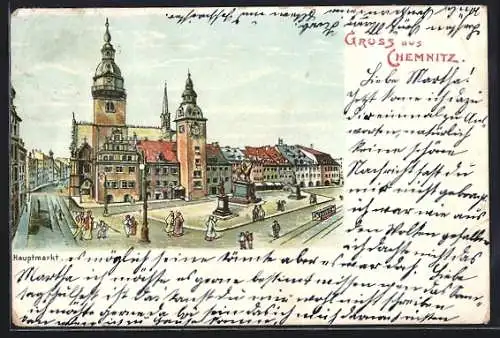 Lithographie Chemnitz, Blick auf den Hauptmarkt mit Strassenbahn und Passanten