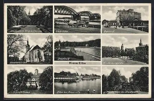 AK Riesa, Stadtpark m. Blick auf Kirche, Elbbrücke, Bahnhof u. Hindenburgplatz