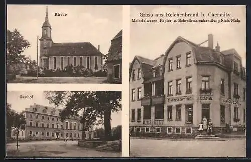 AK Reichenbrand, Gasthof, Geschäft von Richard Malz, Kirche