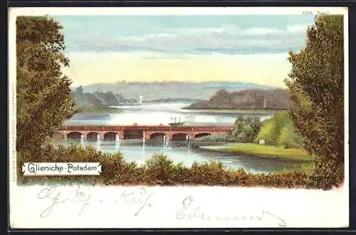 Lithographie Glienicke-Potsdam, Brücke mit Boot