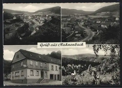 AK Hahnenbach / Nahe, Gasthaus P. Giloy, Ortsansicht aus der Vogelschau