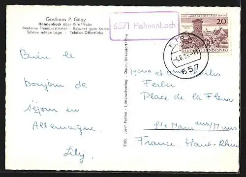 AK Hahnenbach / Nahe, Gasthaus P. Giloy, Ortsansicht aus der Vogelschau