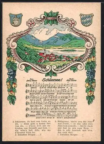 AK Schliersee, Panoramablick auf Ort und Umgebung, Liedtext, Wappen