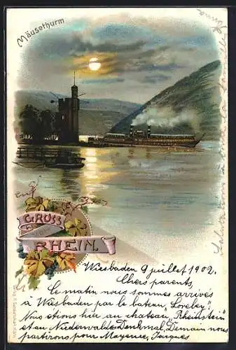 Lithographie Bingen / Rhein, Dampfer passiert den Mäusethurm