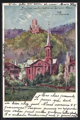 Künstler-AK Waldkirch i. B., Teilansicht mit Kirche