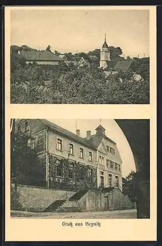 AK Heynitz, Teilansicht mit Kirche, Gebäudeansicht