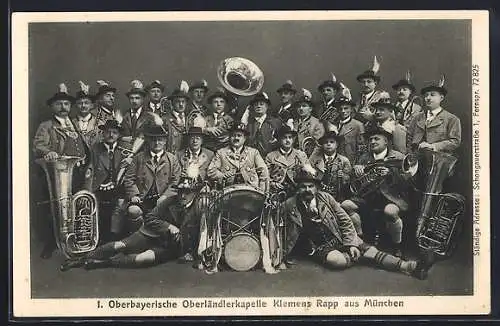 AK München, I. Oberbayerische Oberländlerkapelle Klemens Rapp, Gruppenbild mit Trompeten