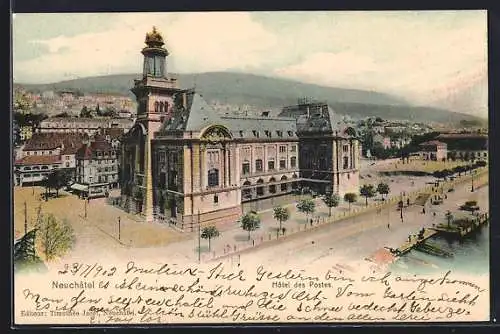 AK Neuchatel, Hotel des Postes mit Strasse aus der Vogelschau