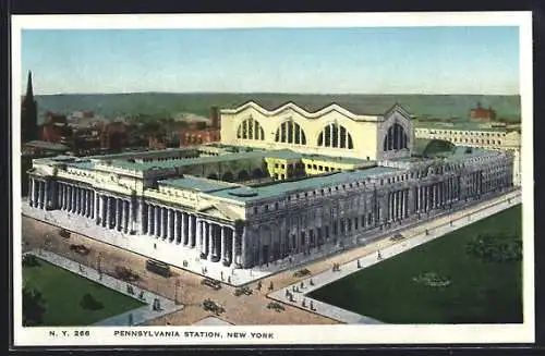 AK New York, NY, Pennsylvania Station, Strassenbahn vor dem Bahnhof