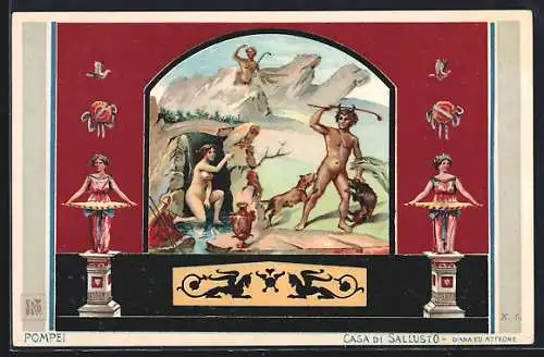 Lithographie Pompei, Casa di Sallusto, Diana et Atteone