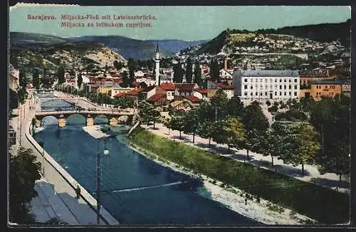 AK Sarajewo, Miljacka-Fluss mit Lateinerbrücke