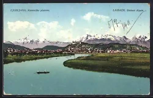 AK Ljubljana / Laibach, Generalansicht mit Steiner-Alpen, Ruderboot