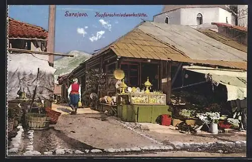 AK Sarajewo, Kupferschmiedwerkstätte mit Gefässen und Platten