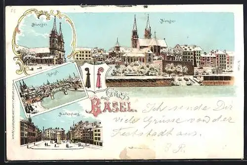 Winter-Lithographie Basel, Münster, Basel und Marktplatz
