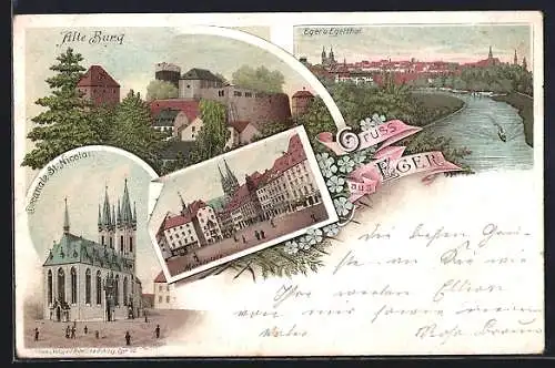 Lithographie Eger, Alte Burg, Marktplatz und St. Nikolaikirche