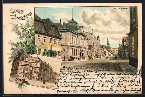Künstler-Lithographie Erwin Spindler: Troppau, Stadttheater, Herrengasse, Pferdegespann