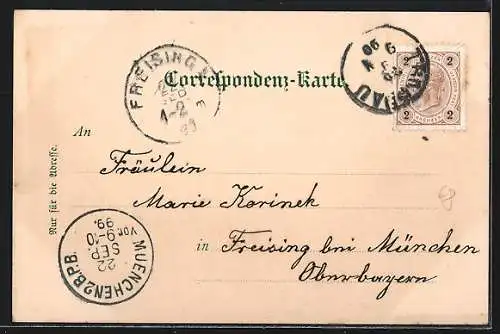 Künstler-Lithographie Erwin Spindler: Troppau, Stadttheater, Herrengasse, Pferdegespann