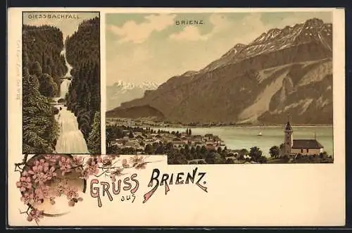 Lithographie Brienz, Teilansicht mit Blick auf die Berge, Giessbachfall