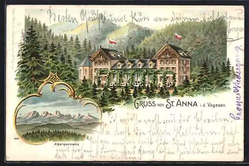 Lithographie St. Anna, Ortsansicht, Alpenpanorama