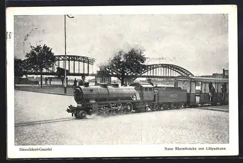 AK Düsseldorf, Ausstellung Gesolei, Neue Rheinbrücke mit Liliputbahn