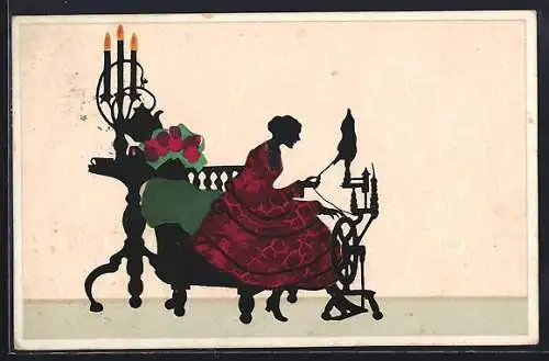 Künstler-AK Marte Graf: Schattenbild, Frau am Spinnrocken