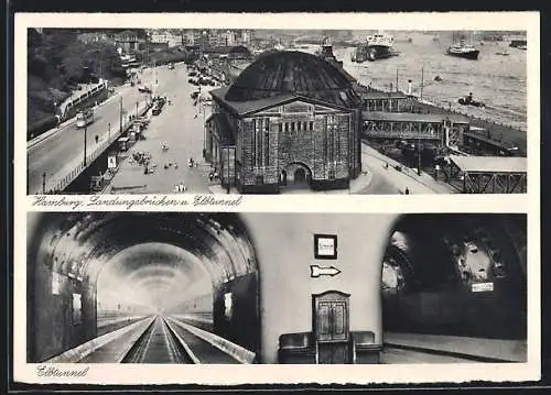 AK Hamburg-St. Pauli, Landungsbrücken und Elbtunnel, Aussenansicht und Innenansicht des Tunneleingangs