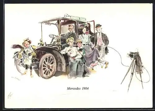 Künstler-AK Stolze Familie lässt sich vor ihrem Mercedes 1904 ablichten