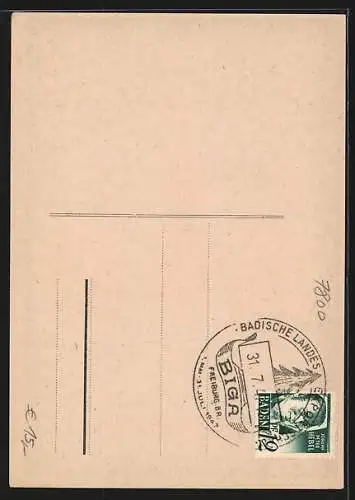 AK Freiburg, Landes-Exportschau Biga in Freiburg, eröffnet am 1. Mai 1947, Kirche und Handwerkswappen