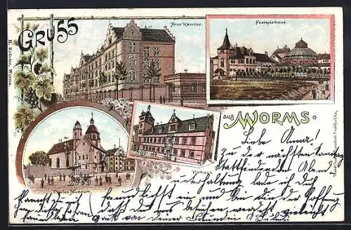 Lithographie Worms, Neue Kaserne und Festspielhaus