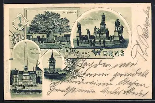 Lithographie Worms, Wasserthurm, Lutherbaum, Ludwig-Denkmal