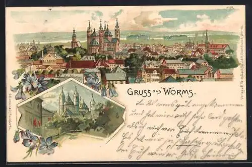 Lithographie Worms, Gesamtansicht mit Umgebung, Teilansicht mit Blick zur Kirche, Veilchen als Verzierung