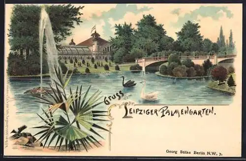 Lithographie Leipzig, Teichpartie im Palmengarten