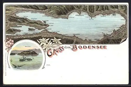 Lithographie Mainau /Bodensee, Blick auf die Insel und Bodensee-Panorama