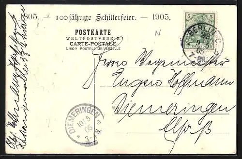 AK Weimar, Schillers Sterbehaus und Elternhaus, Porträt mit Reichsfahne, Schillerhaus
