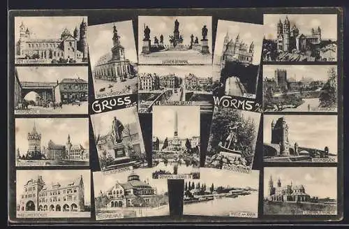 AK Worms a. Rh., Andreastor, Brunnhildenbrücke, Nibelungenschule, Torturmplatz und Dreifaltigkeitskirche