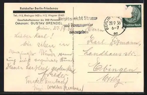 AK Berlin-Friedenau, Restaurant Ratskeller, Inh. Gustav Brendel