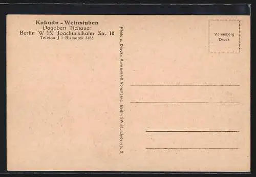 AK Berlin-Charlottenburg, Restaurant Kakadu-Weinstuben, Inh. Dagobert Tichauer, Joachimsthaler Str. 10