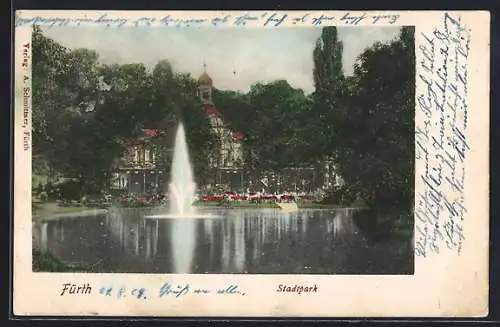 AK Fürth / Bayern, Stadtpark mit Teichpartie