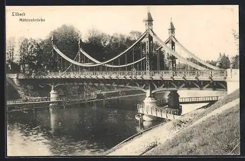 AK Lübeck, Mühlenbrücke mit Uferpartie